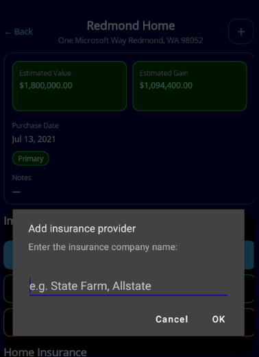 Add insurance provider screen