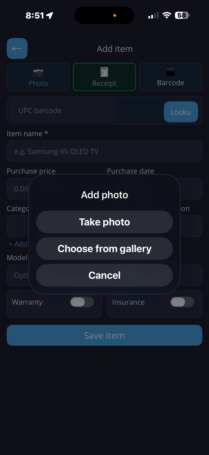 Add item screen showing photo capture options