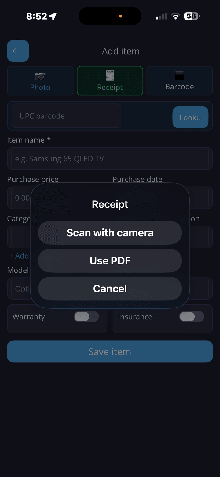 Add item screen showing receipt capture options