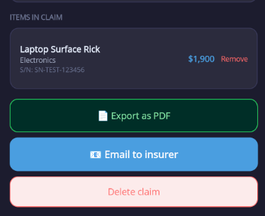Claim detail actions screen