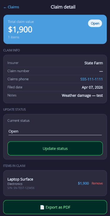 Claim detail screen top