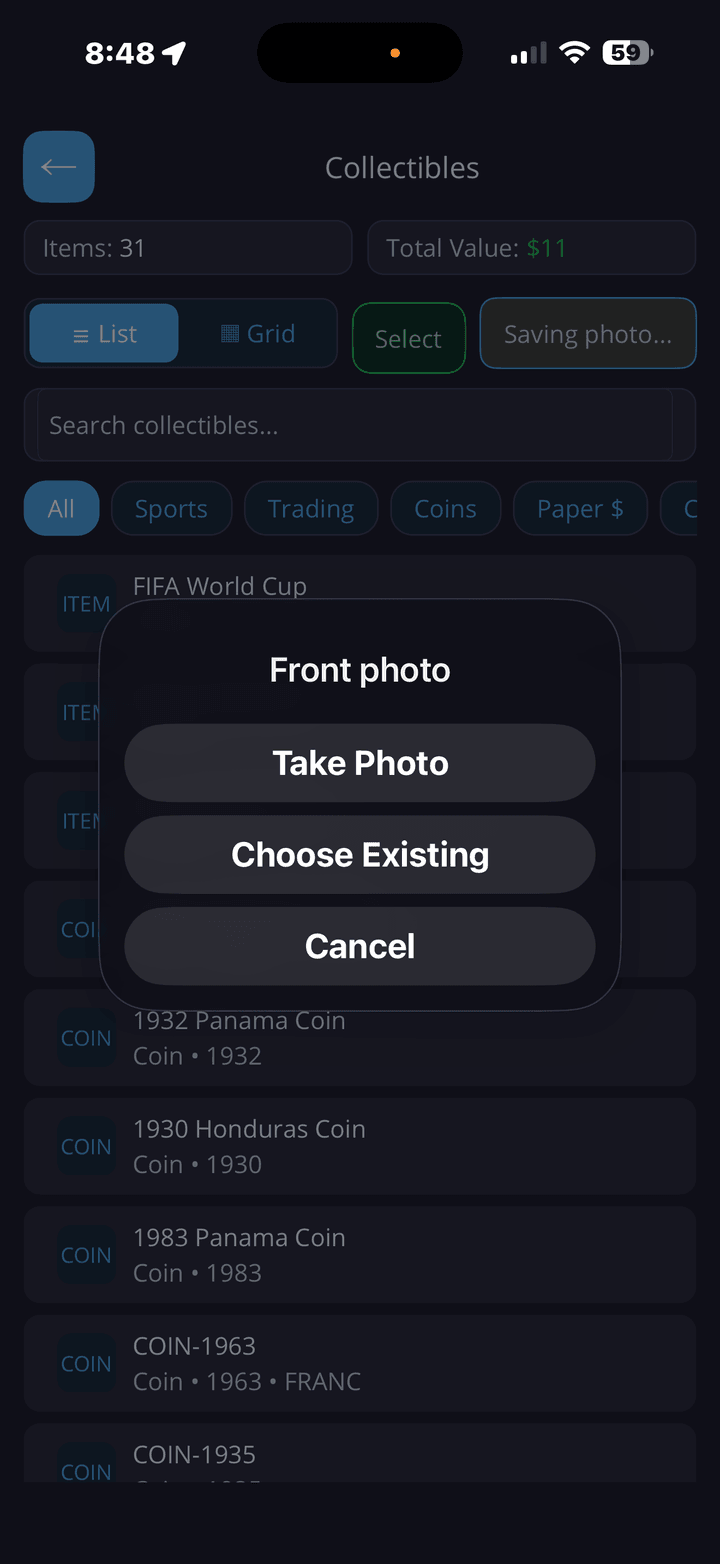 Collectibles screen showing front photo capture choices