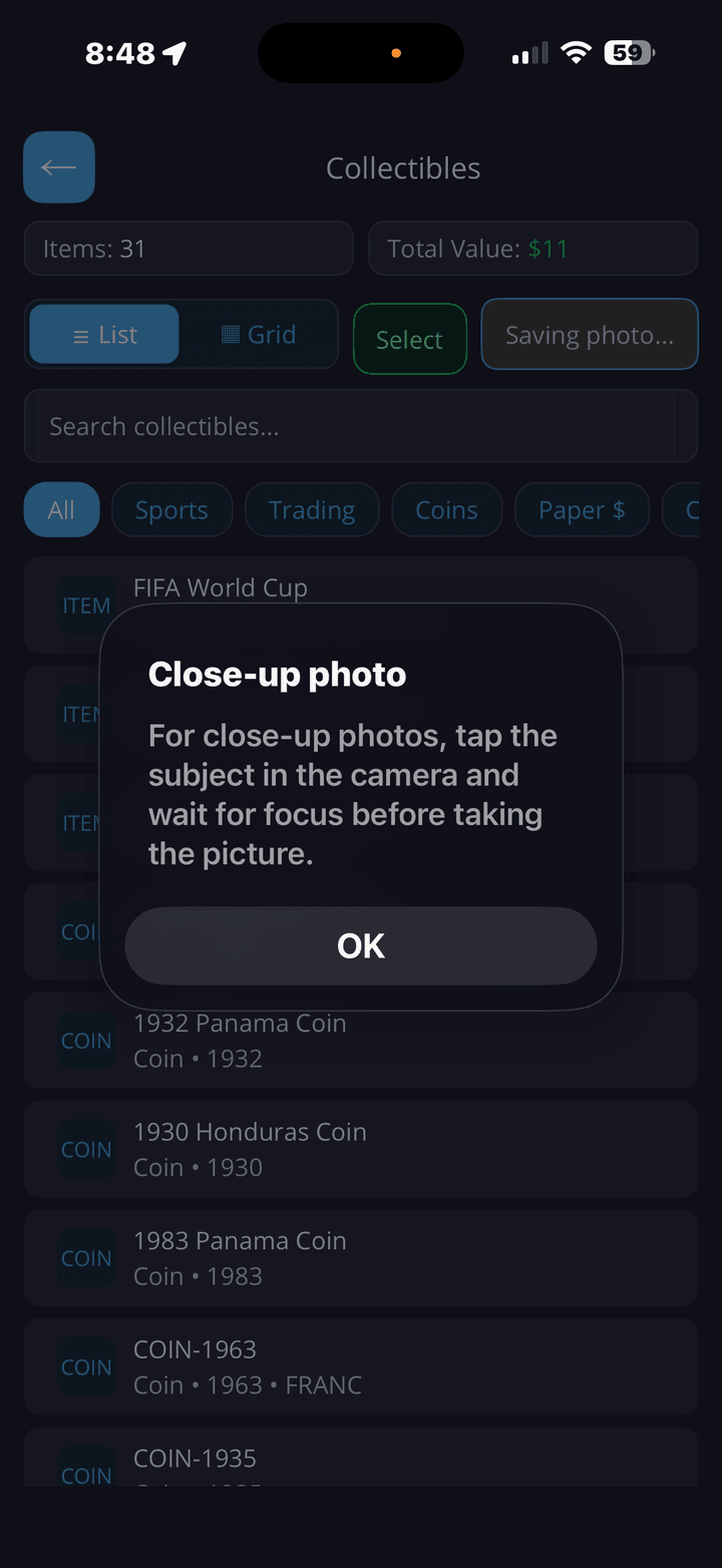Collectible close-up photo guidance screen
