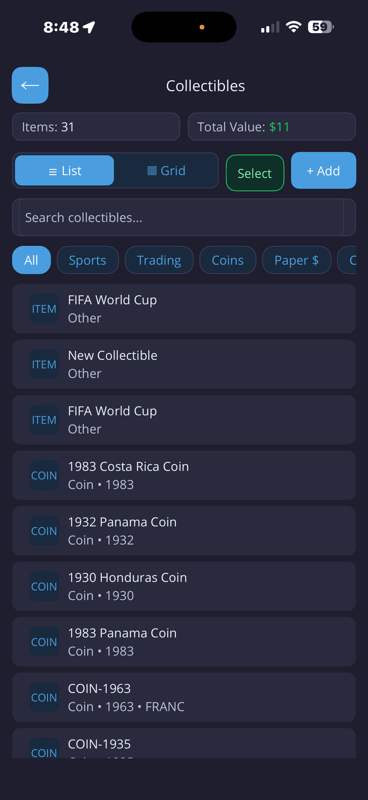 Collectibles catalog showing item count, value, search, and category filters