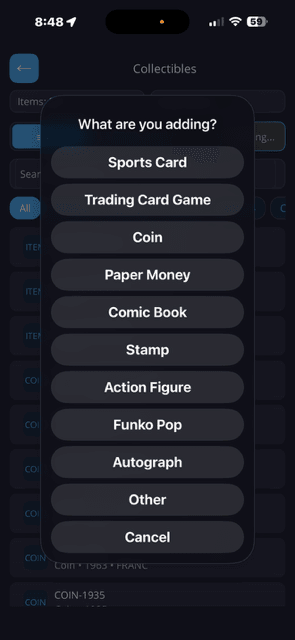 Collectible category selector for cards, coins, currency, comics, figures, and other items
