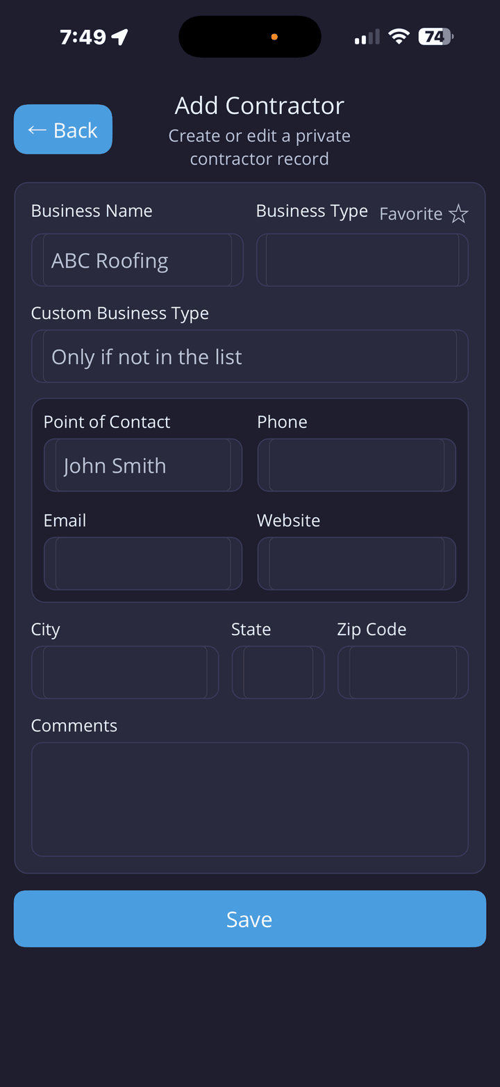 Add contractor form with company and contact fields