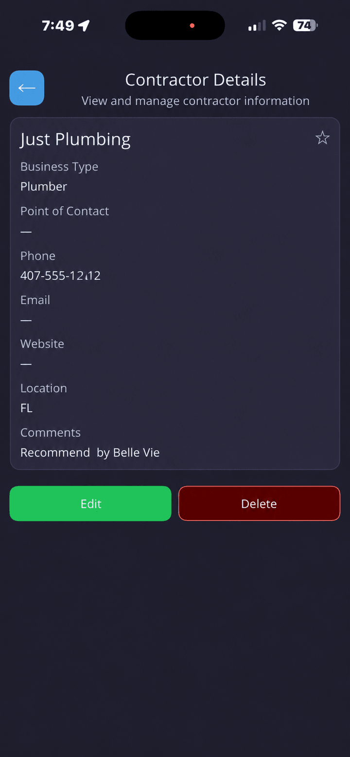 Contractor detail screen with contact and work information