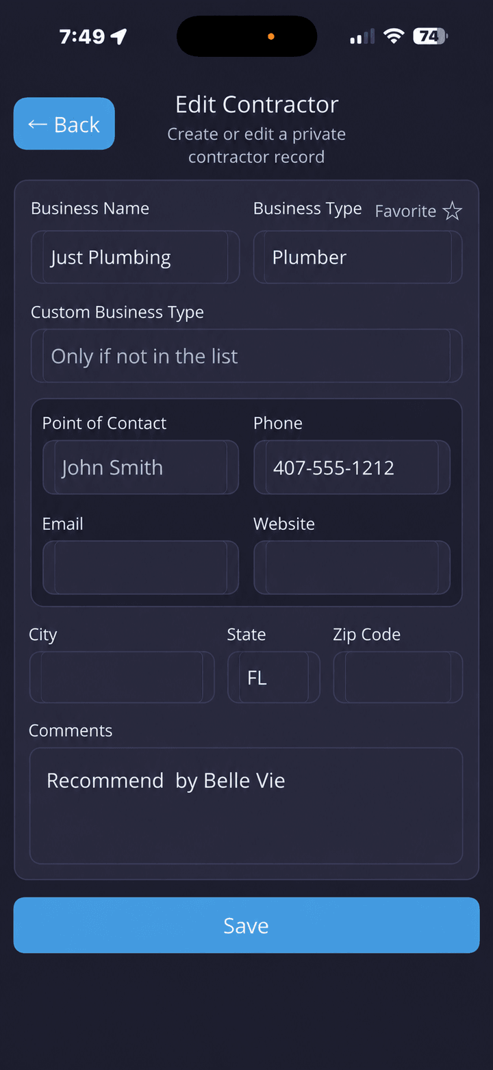 Edit contractor form with service provider fields