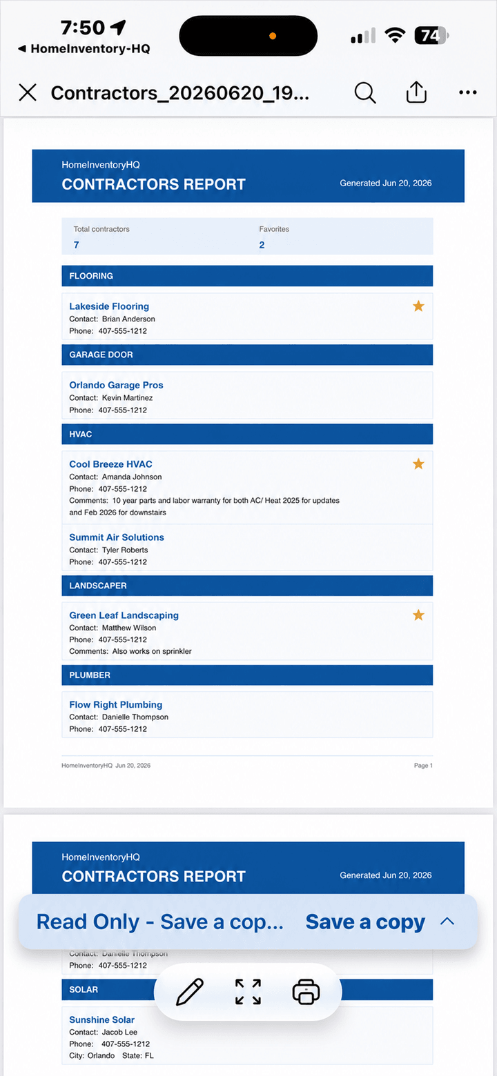 Contractor report showing service provider records