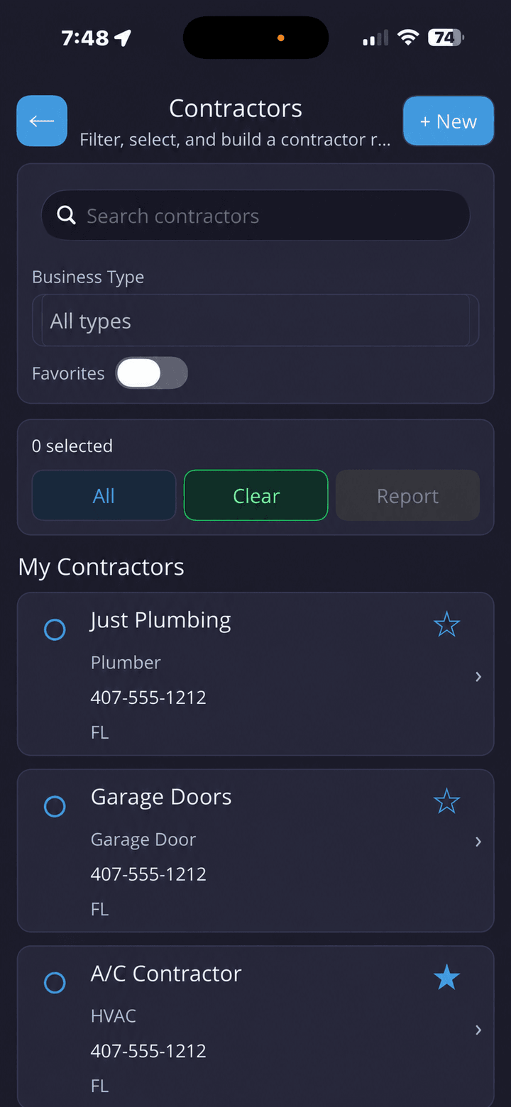 Contractor list with service companies and contact details