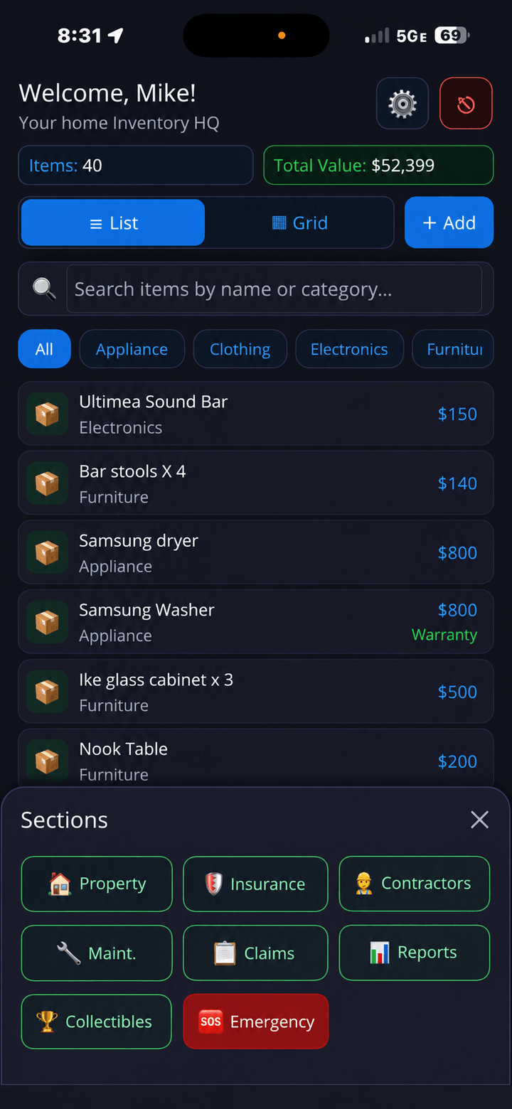 Dashboard sections menu screen