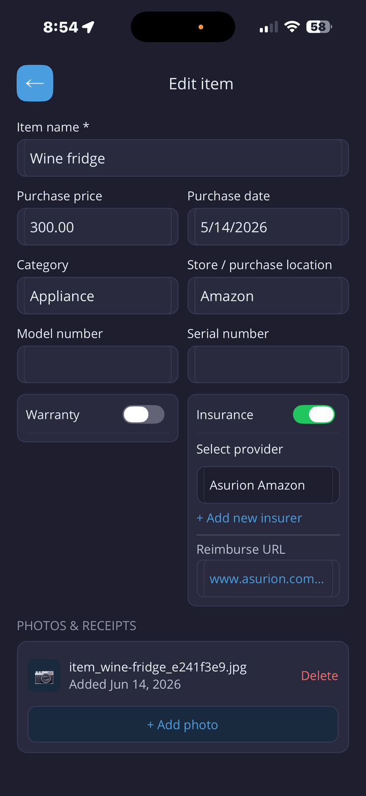 Edit inventory item screen with record fields