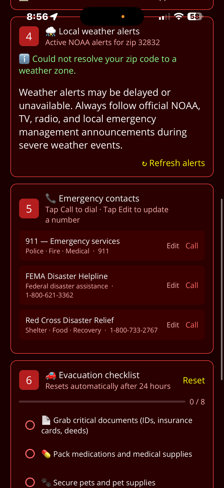 Emergency mode screen with important phone information