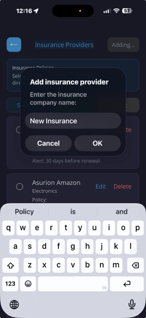 Add insurance provider screen