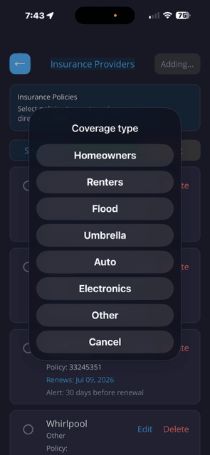 Insurance setup dialog for selecting a policy type