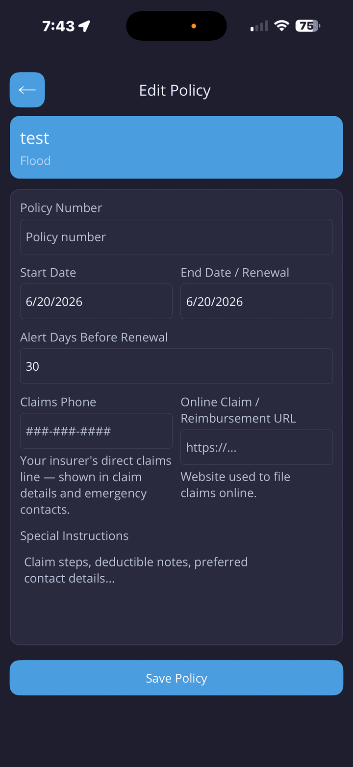 Insurance policy screen