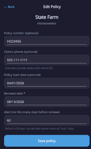 Insurance policy screen