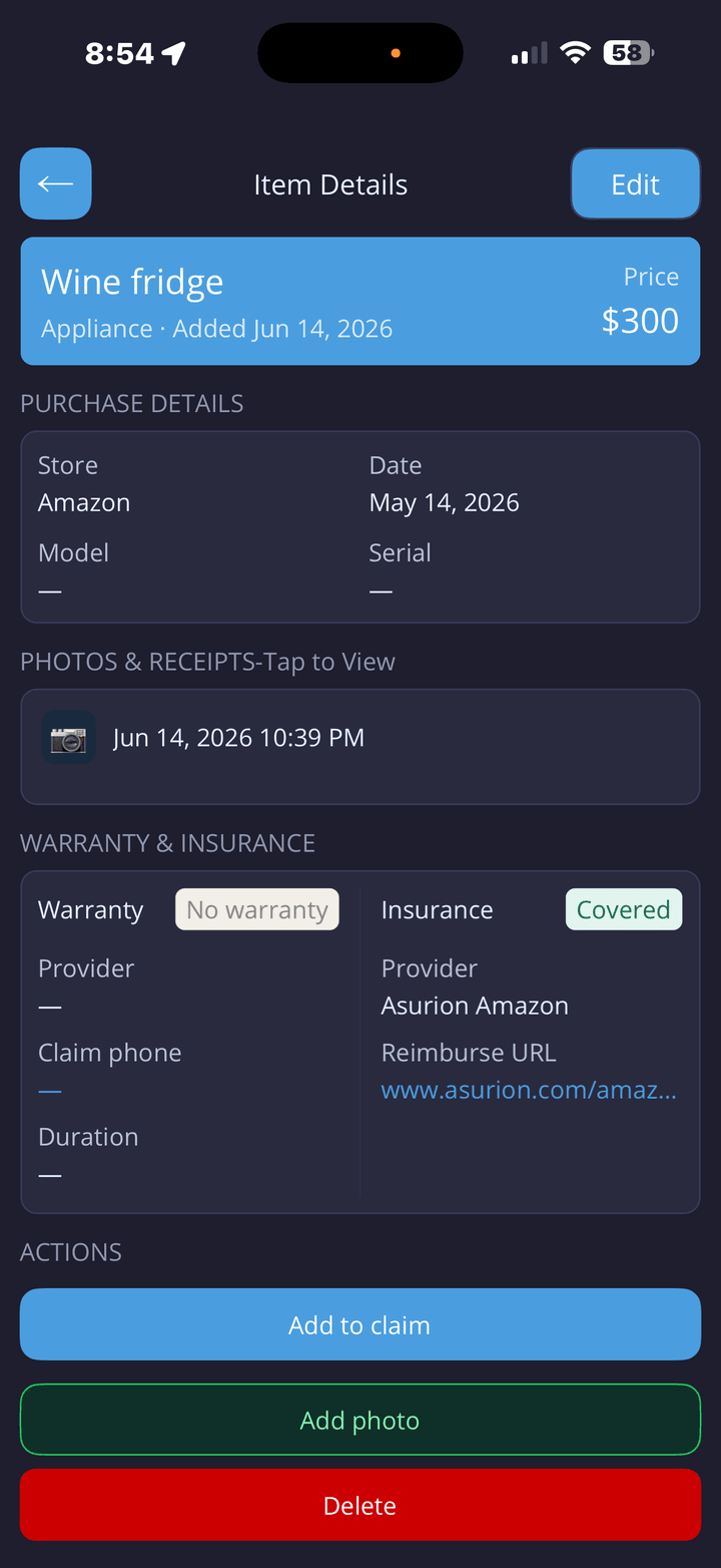 Inventory item detail screen with purchase and coverage information