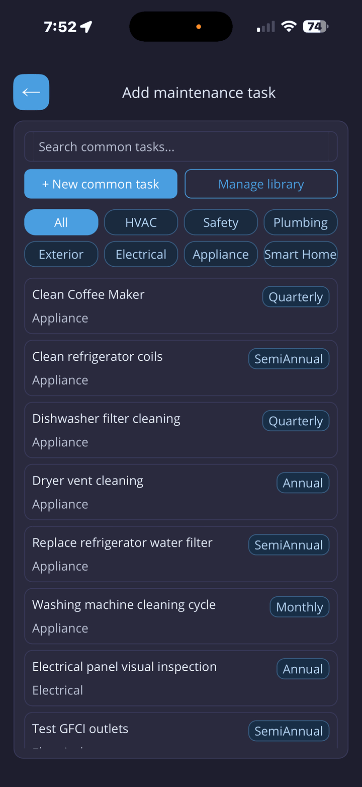 Add maintenance task screen showing the common task library