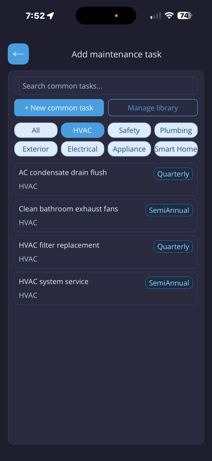 Add maintenance task screen filtered to HVAC tasks