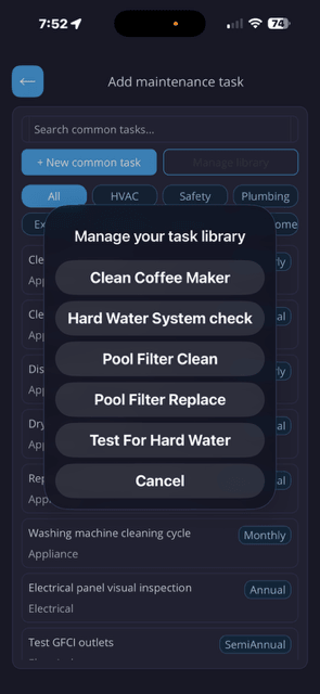 Custom maintenance task library management dialog