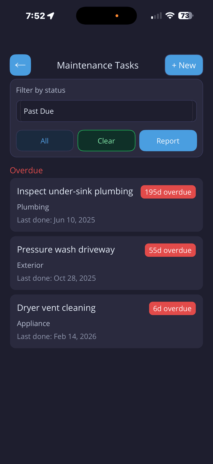 Maintenance task list filtered to past-due work