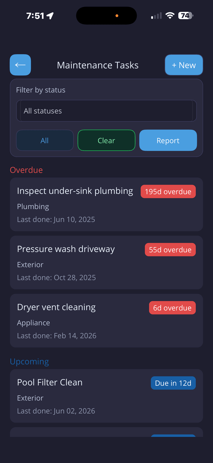 Maintenance task list with overdue and upcoming work