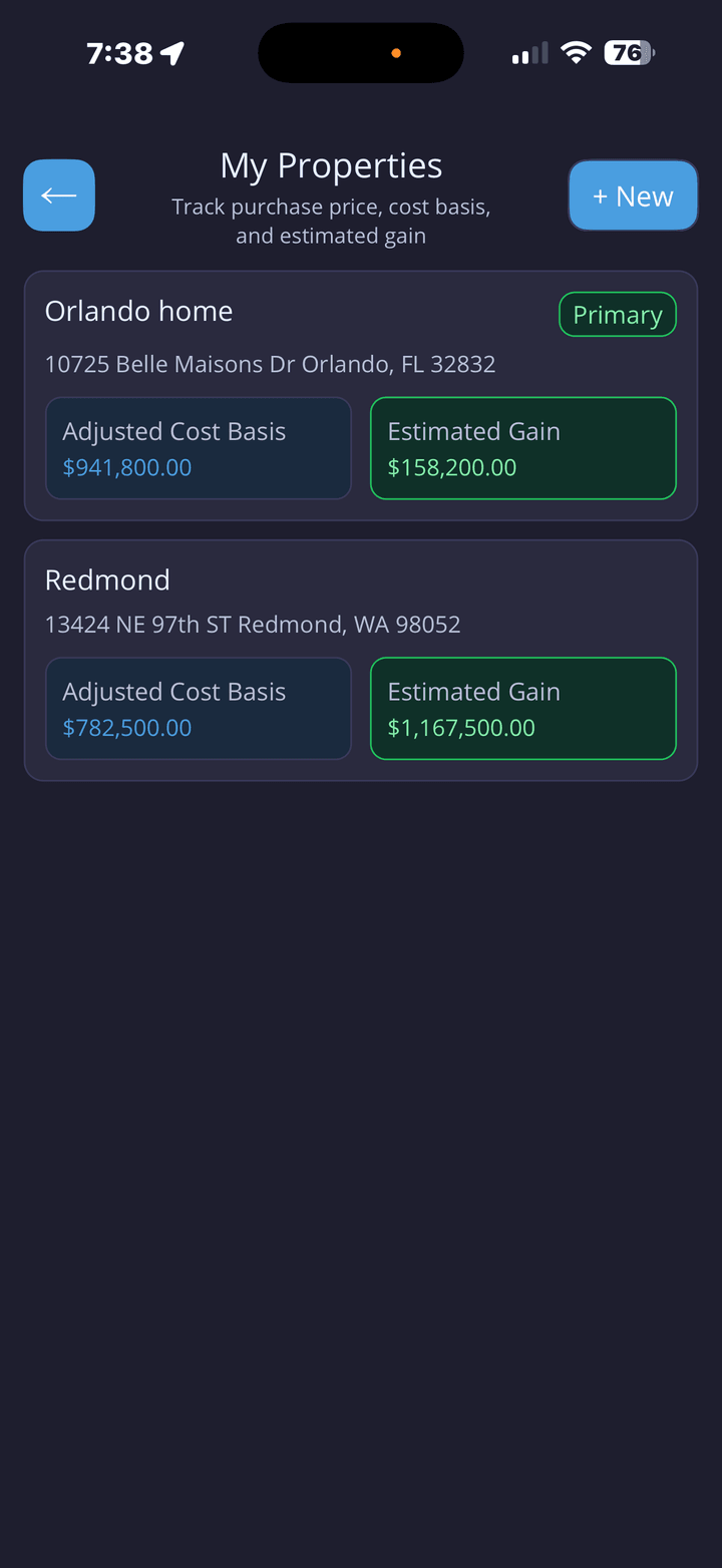 Properties list with home values and estimated gains