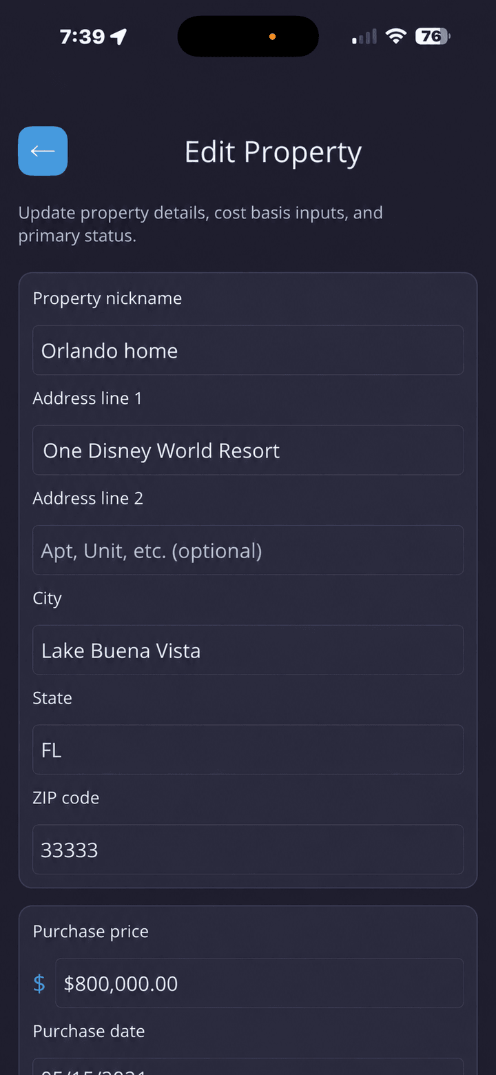 Edit property screen
