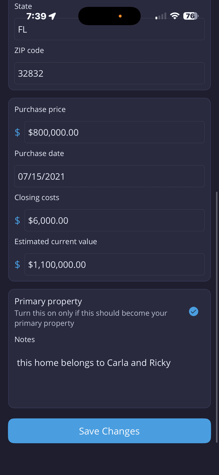 Lower portion of the edit property form with value and status fields