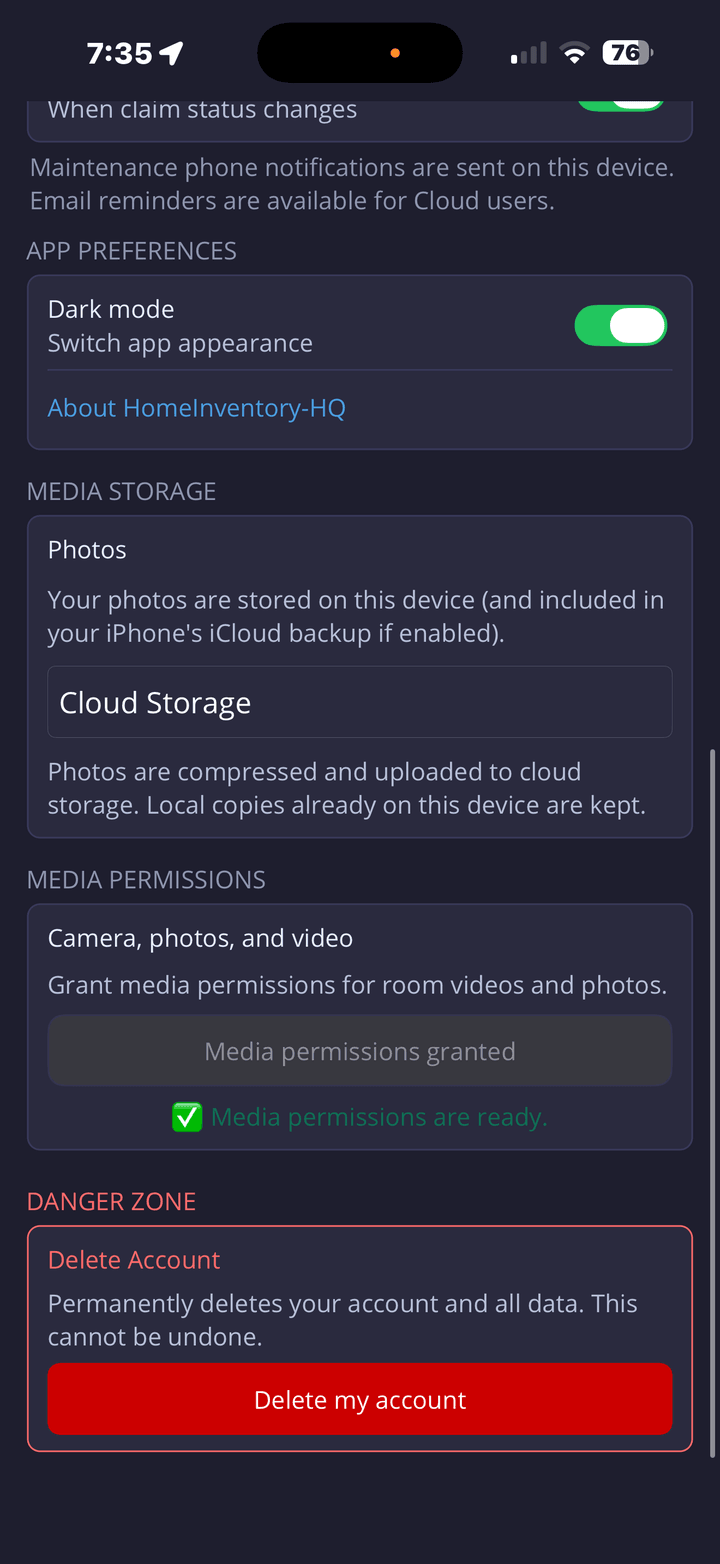 Settings screen with storage choice and media permissions controls