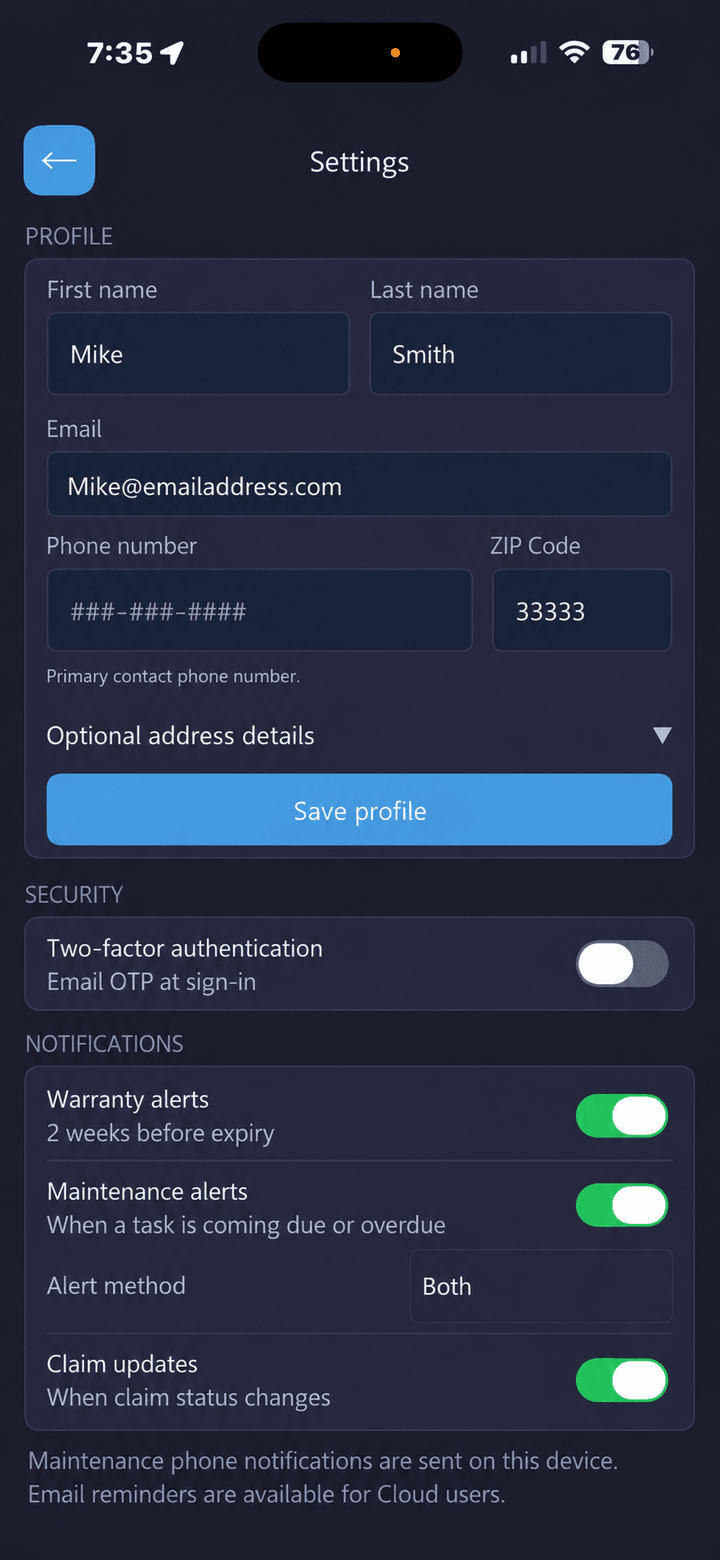 Settings screen with security, optional address, notification settings, and alert method controls